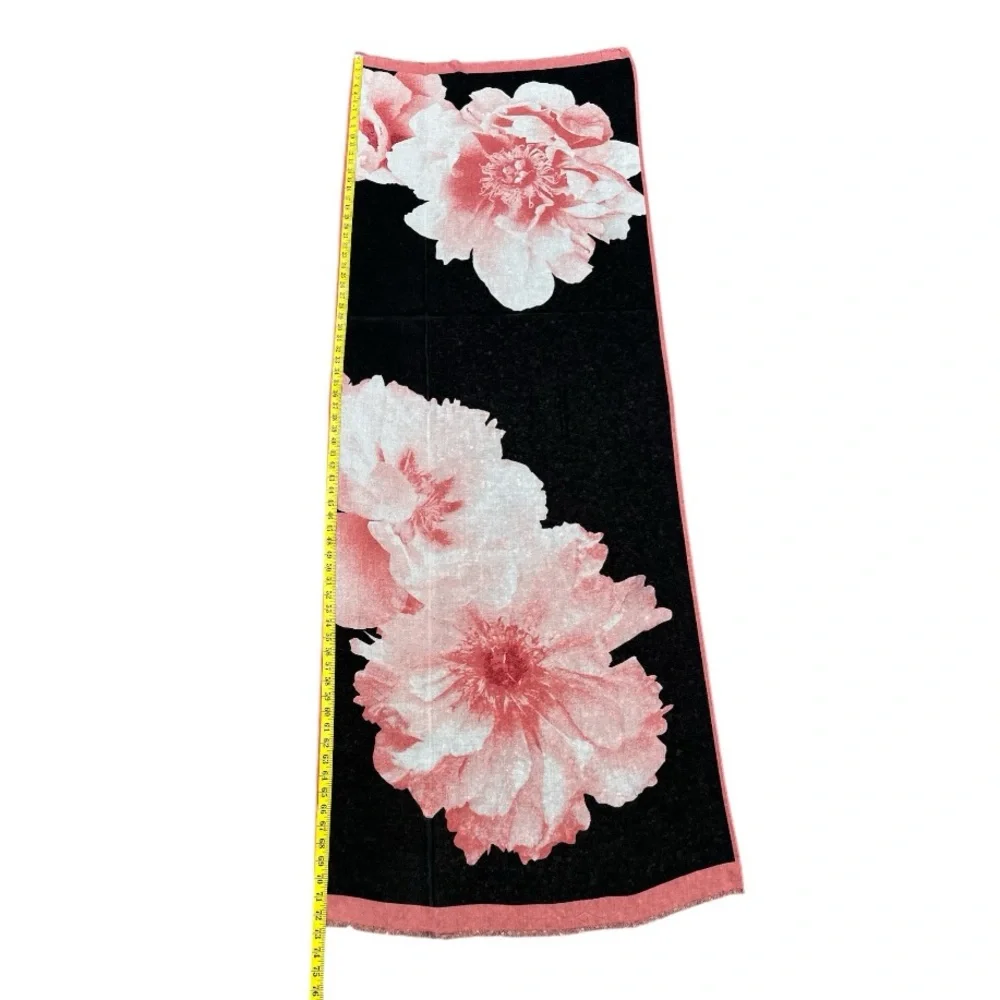 Pink & Black Floral Scarf Wrap Shawl Frayed Edge Lightweight 72 x 25